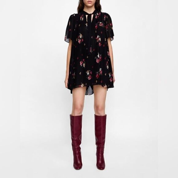 Zara Black Floral Relaxed Pleated Over Dress Romper with Bow Tie Front Detail S - Picture 1 of 7